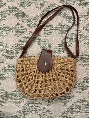 Woven Straw Crossbody Bag with Brown Leather Trim
